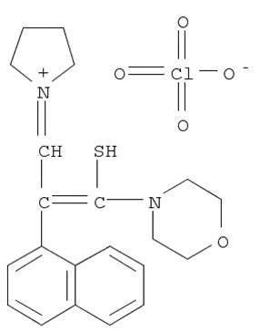 Molecular Structure of 84393-55-5 (Pyrrolidinium,1-[3-mercapto-3-(4-morpholinyl)-2-(1-naphthalenyl)-2-propenylidene]-,perchlorate (salt))